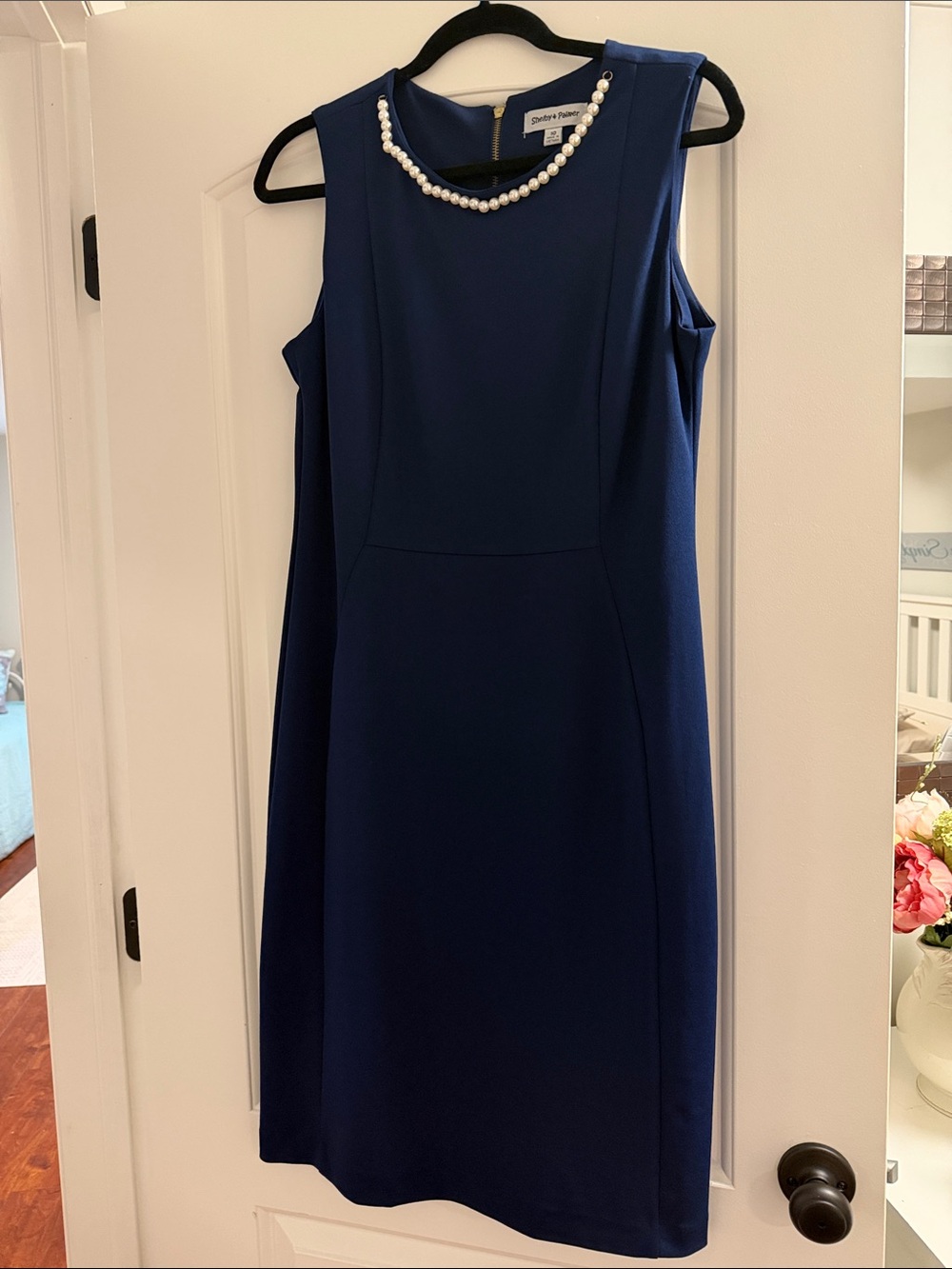 Shelby & Palmer Navy Blue Sleeveless Sheath Dress with Pearl Trim